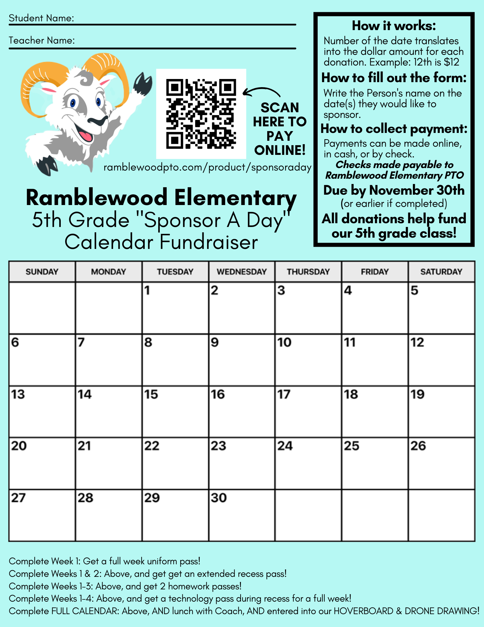 5th Grade “Sponsor A Day” Calendar Fundraiser RAMBLEWOOD ELEMENTARY PTO